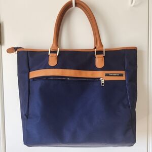 Samsonite Blue Camel Leather Trim Utility Tote Bag Structured Shoulder EUC